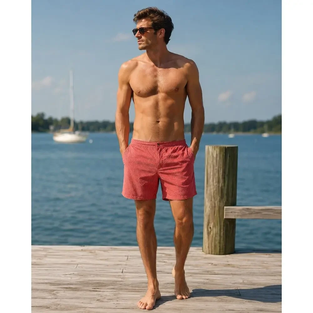Peter Millar Seersucker Gingham Swim Trunks Red/Gray — Size 2XL